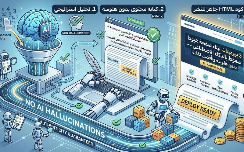 3 برومبتات لبناء صفحة هبوط بالذكاء الاصطناعي — بدون هلوسة وبأقصى كفاءة